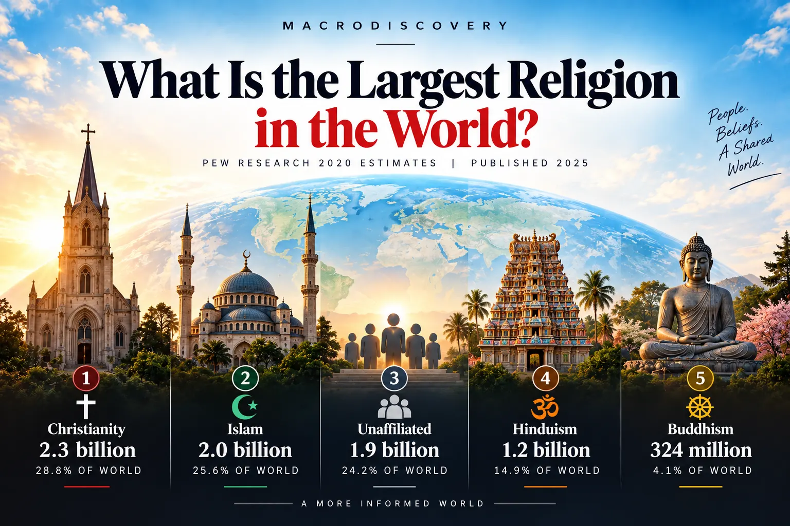 Largest religions in the world in 2020, comparing Christianity, Islam, the religiously unaffiliated, Hinduism and Buddhism