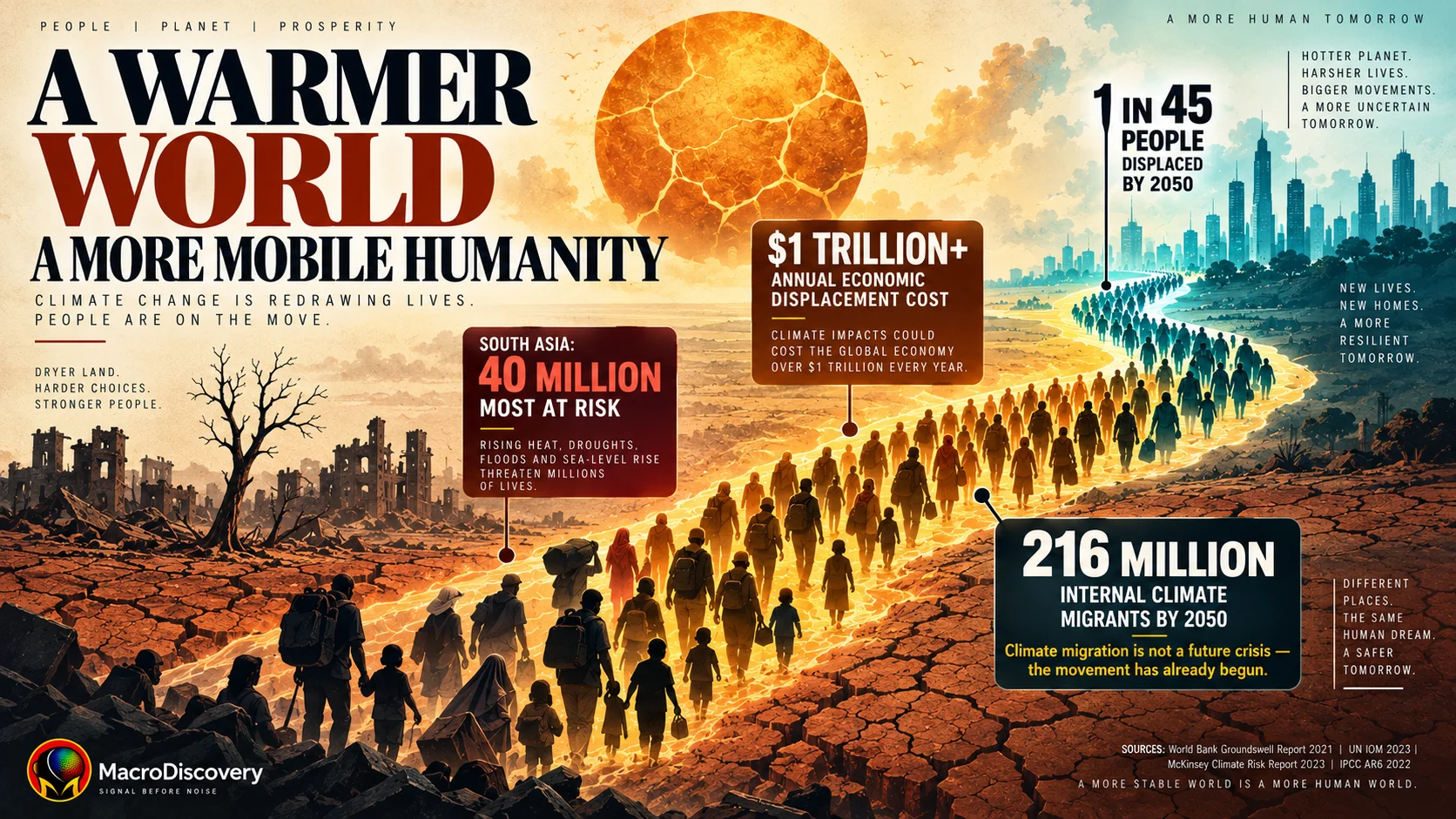 A river of flat-vector human silhouettes flows across a cracked terracotta landscape from drought origin to resettlement, with bold stat callouts showing 216 million climate migrants by 2050, $1 trillion in annual displacement costs, and South Asia's 40 million most at risk — illustrating the economics of climate migration.