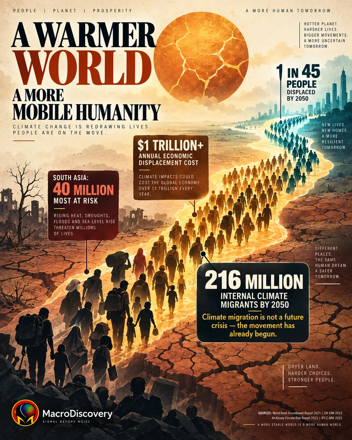 A river of flat-vector human silhouettes flows across a cracked terracotta landscape from drought origin to resettlement, with bold stat callouts showing 216 million climate migrants by 2050, $1 trillion in annual displacement costs, and South Asia's 40 million most at risk — illustrating the economics of climate migration.