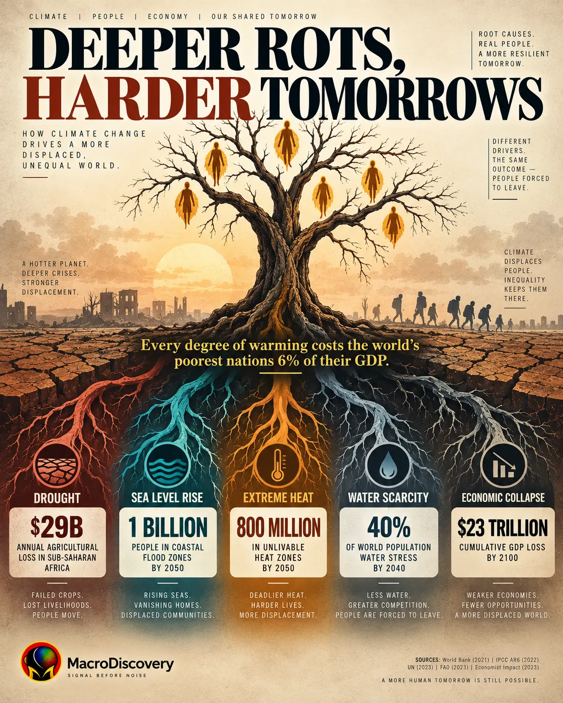 A withering flat-vector tree with five labeled economic roots — drought, sea level rise, extreme heat, water scarcity, and GDP collapse — displays key climate migration data including 1 billion coastal flood zone residents and $23 trillion in cumulative GDP loss by 2100, illustrating the economic drivers of climate displacement.