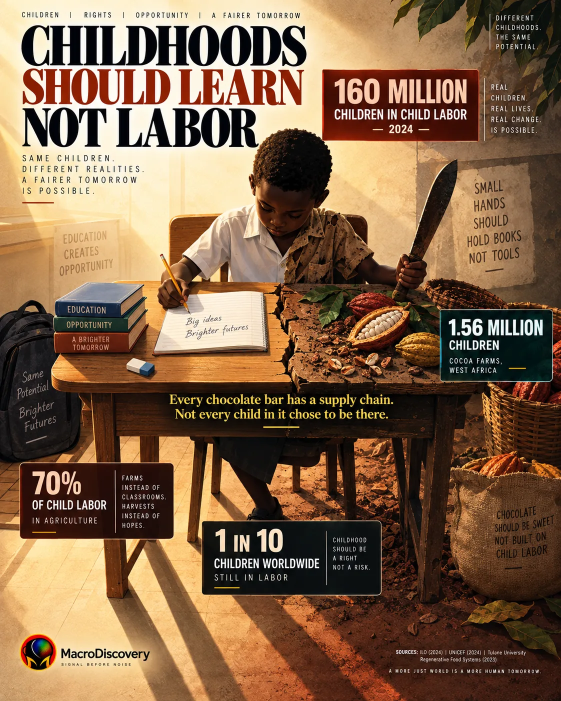 A flat-vector school desk splits diagonally — one half holding a pencil and notebook, the other a cocoa harvest tool and basket — with a child silhouette caught between both, and bold stat callouts showing 160 million children in child labor globally and 1.56 million on West African cocoa farms, illustrating the global child labor crisis.