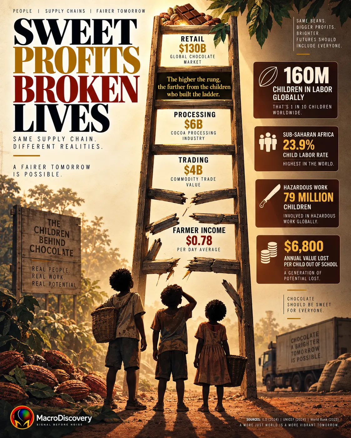 A broken supply chain ladder shows intact upper rungs labeled with chocolate retail and processing values up to $130 billion, while snapped lower rungs represent the $0.78 daily farmer income, with three child silhouettes unable to climb at the base — illustrating the economic gap at the heart of global child labor in cocoa and agriculture supply chains. global child labor map.