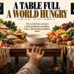 A flat-vector banquet table overflowing with geometric food produce surrounds a single empty white bowl at its center, with an open hand reaching toward it from below and four stat callouts showing 735 million hungry people, food production for 10 billion, 1 in 11 humans going hungry nightly, and $1 trillion in annual food waste — illustrating the global hunger crisis as a distribution failure, not a production shortage.