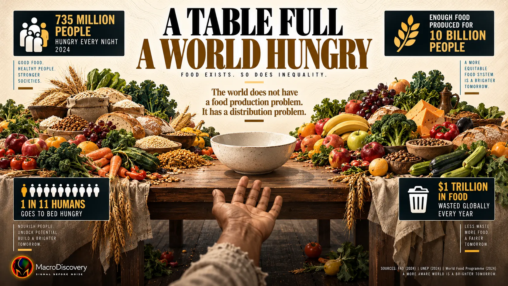 A flat-vector banquet table overflowing with geometric food produce surrounds a single empty white bowl at its center, with an open hand reaching toward it from below and four stat callouts showing 735 million hungry people, food production for 10 billion, 1 in 11 humans going hungry nightly, and $1 trillion in annual food waste — illustrating the global hunger crisis as a distribution failure, not a production shortage.