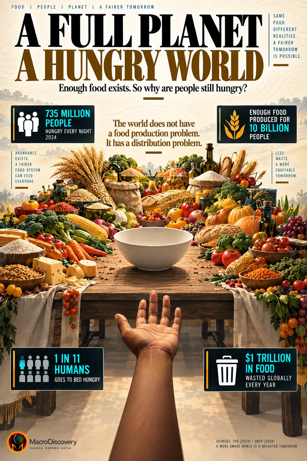 A flat-vector banquet table overflowing with geometric food produce surrounds a single empty white bowl at its center, with an open hand reaching toward it from below and four stat callouts showing 735 million hungry people, food production for 10 billion, 1 in 11 humans going hungry nightly, and $1 trillion in annual food waste — illustrating the global hunger crisis as a distribution failure, not a production shortage. Global Hunger Map.