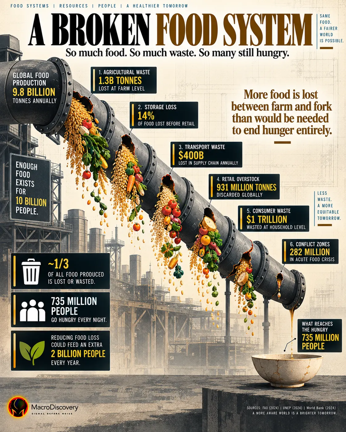 A flat-vector industrial food supply pipeline enters full at 9.8 billion tonnes and leaks through six labeled crack points — farm waste, storage loss, transport, retail overstock, consumer waste, and conflict zones — until only a thin trickle reaches a small bowl representing 735 million hungry people, illustrating how global food loss and distribution failure drives the hunger crisis.