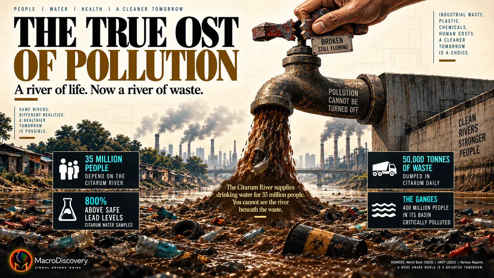 A flat-vector utility tap pours a thick dark industrial stream that widens into a polluted river pool, carrying silhouettes of waste and debris, with four stat callouts showing 35 million people dependent on the Citarum River, 50,000 tonnes of daily waste, lead levels 800% above safe limits, and 400 million people in the Ganges basin — illustrating the world's most polluted rivers crisis.