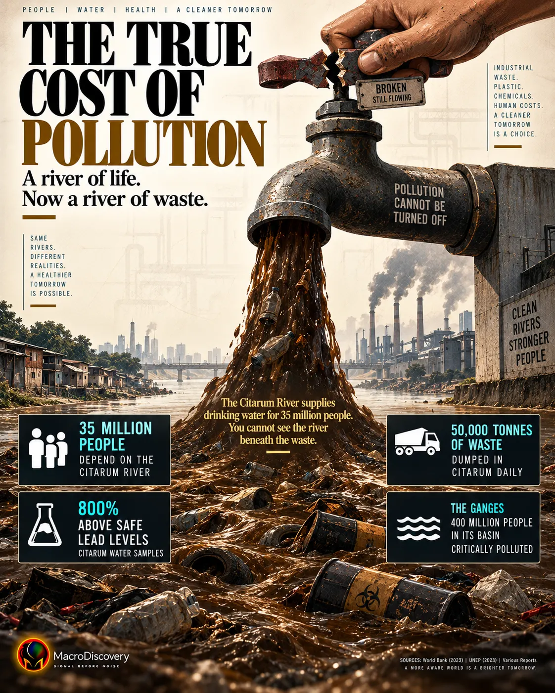 A flat-vector utility tap pours a thick dark industrial stream that widens into a polluted river pool, carrying silhouettes of waste and debris, with four stat callouts showing 35 million people dependent on the Citarum River, 50,000 tonnes of daily waste, lead levels 800% above safe limits, and 400 million people in the Ganges basin — illustrating the world's most polluted rivers crisis.