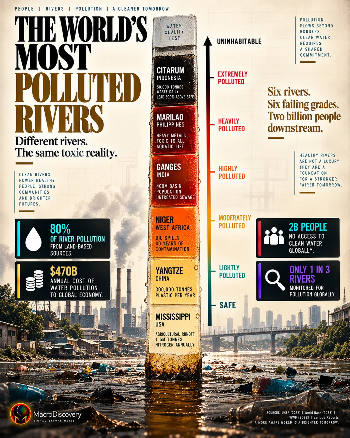 A giant flat-vector water quality test strip rises through six color-coded panels from amber to near-black, each representing a critically polluted river — from the Mississippi at the base to the Citarum at near-black with lead levels 800% above safe limits — with a safe-to-uninhabitable scale beside it and four insight cards on pollution sources, global water access, economic cost, and monitoring gaps.