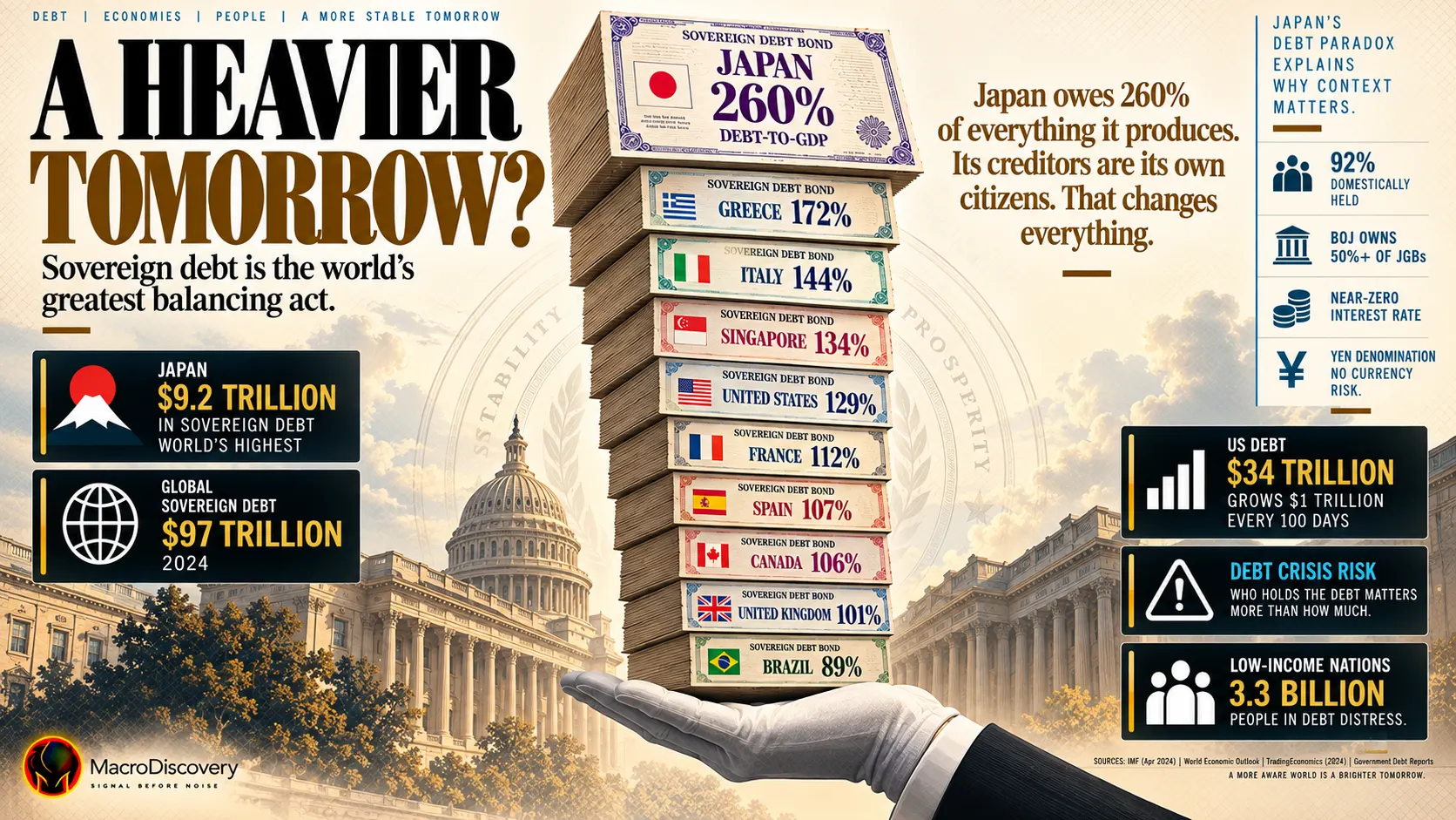 A perfectly balanced flat-vector tower of sovereign bond certificates rises from a white-gloved hand at the base — Japan's certificate widest and topmost at 260% debt-to-GDP, descending through Greece at 172%, Italy, Singapore, the United States, and seven other nations — with stat callouts on Japan's $9.2 trillion debt, its 92% domestic ownership, and global sovereign debt of $97 trillion, illustrating why Japan's debt record has not triggered a crisis.