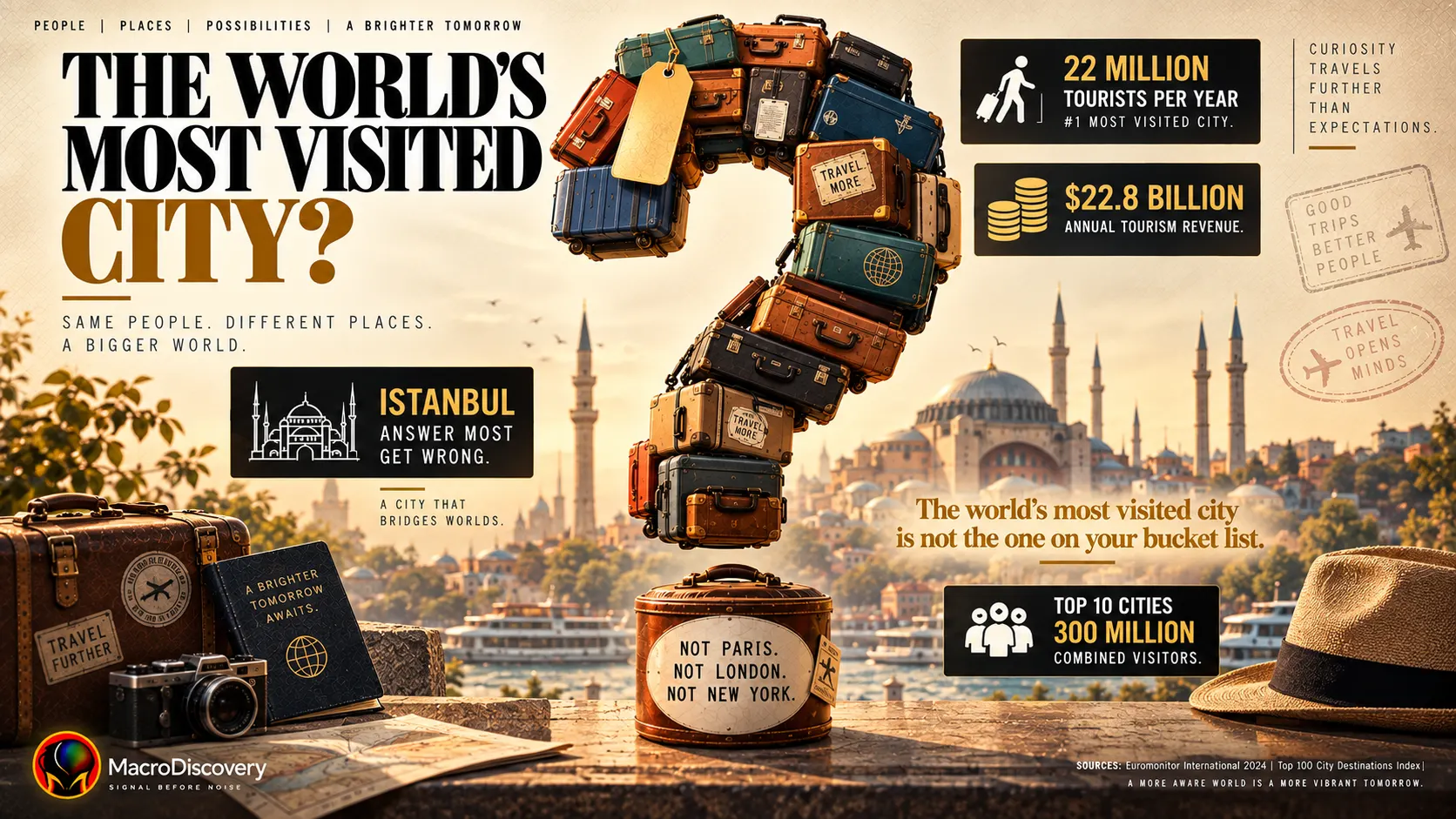 A towering question mark built from stacked flat-vector suitcases and travel bags carries a face-down golden luggage tag at its peak, with stat callouts showing 22 million tourists per year, $22.8 billion in tourism revenue, and the note that Istanbul is the answer most people guess wrong — illustrating the world's most visited city ranking.