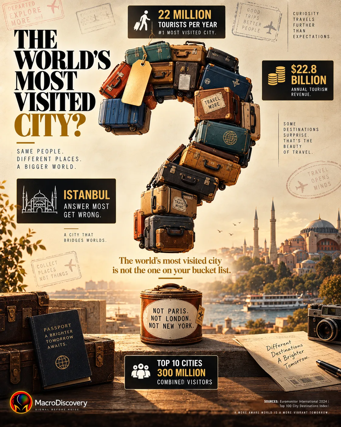 A towering question mark built from stacked flat-vector suitcases and travel bags carries a face-down golden luggage tag at its peak, with stat callouts showing 22 million tourists per year, $22.8 billion in tourism revenue, and the note that Istanbul is the answer most people guess wrong — illustrating the world's most visited city ranking. Most visited city in the world.