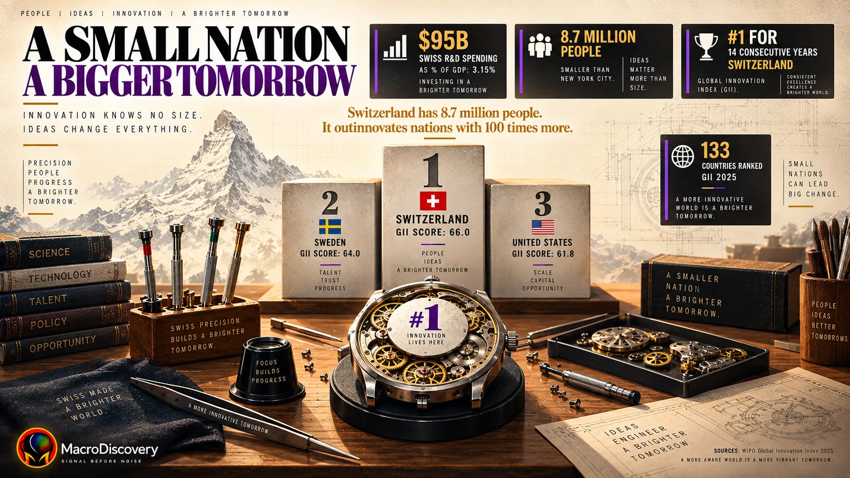A flat-vector Swiss watchmaker's workbench with precision tools and a completed movement bearing the number 1 rises into a three-block innovation podium showing Switzerland at GII score 66.0, Sweden at 64.0, and the United States at 61.8, with stat callouts noting Switzerland's 14 consecutive years at the top despite a population of just 8.7 million — illustrating the world's most innovative countries ranking. most innovative countries.