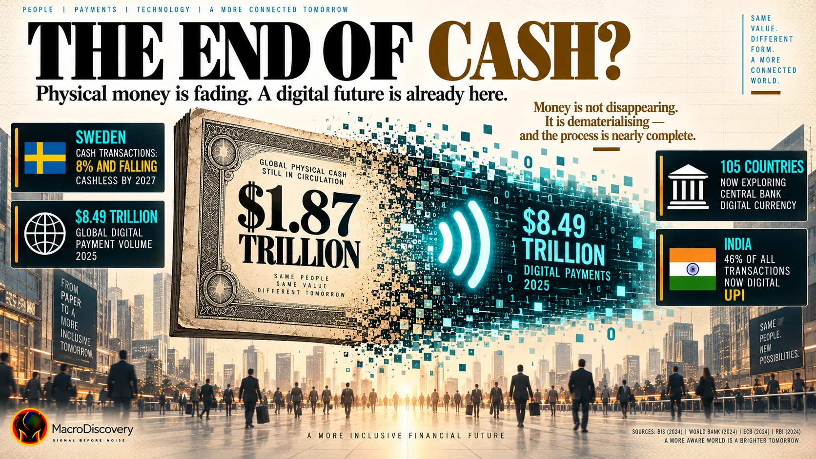 A flat-vector banknote dissolves from left to right — its physical left half showing $1.87 trillion in global cash circulation intact, its right half breaking apart into teal data points and circuit fragments showing $8.49 trillion in digital payments — with stat callouts on Sweden's cashless target by 2027, 105 CBDC nations, and India's 46% digital transaction rate, illustrating the dematerialisation of money.