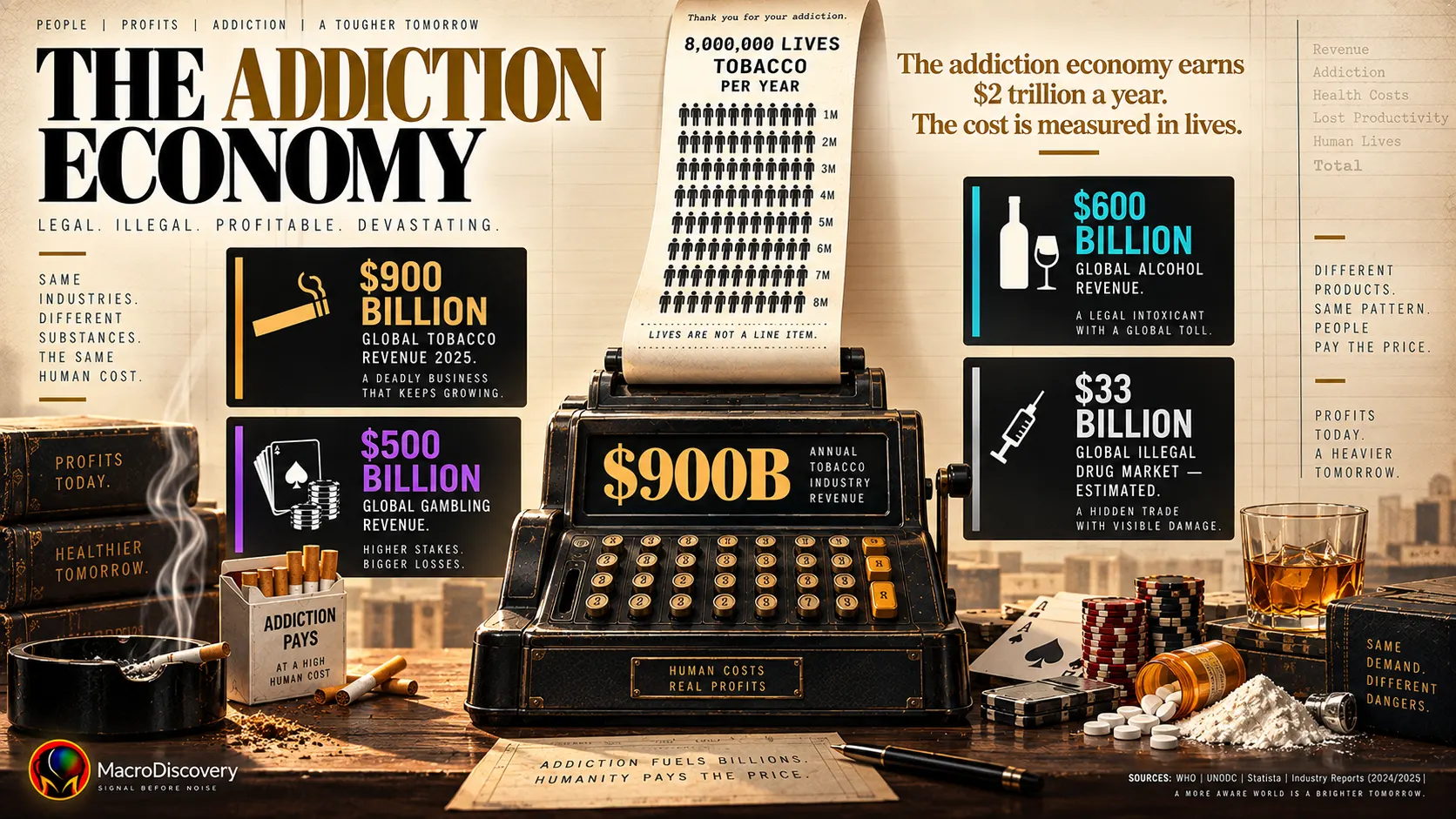 A flat-vector cash register prints a receipt of eight million human silhouettes representing annual tobacco deaths, its display showing $900 billion in revenue, surrounded by four data cards comparing global tobacco, alcohol, gambling, and drug market revenues — illustrating the staggering scale of the global addiction economy. global addiction economy.
