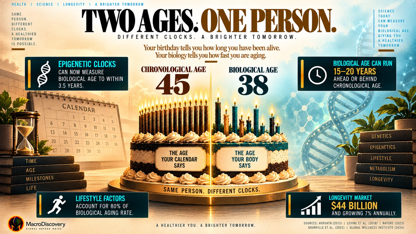A flat-vector birthday cake split vertically shows 45 uniform candles on the chronological left half and unevenly burned candles totaling 38 on the biological right half — divided by a gold line labeled Same Person, Different Clocks — with four stat callouts on epigenetic clock accuracy, the 15–20 year biological age gap, lifestyle's 80% contribution to aging rate, and the $44 billion longevity market, illustrating the science of biological versus chronological aging. Science of Human Aging.