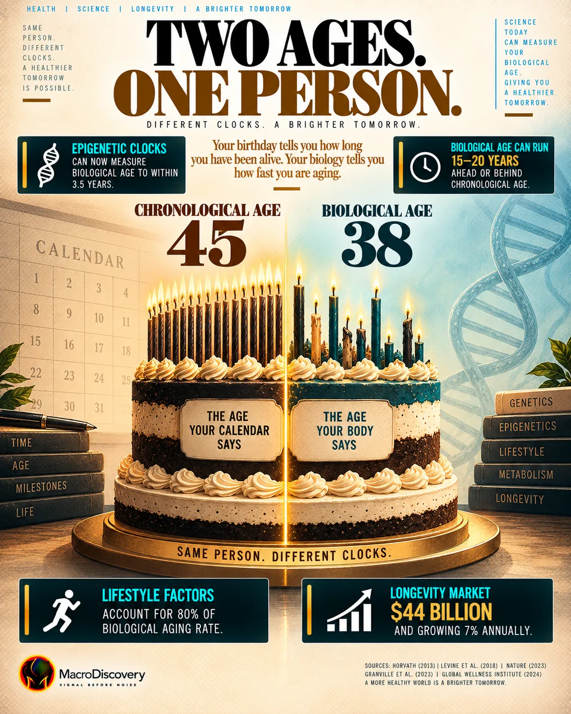 A flat-vector birthday cake split vertically shows 45 uniform candles on the chronological left half and unevenly burned candles totaling 38 on the biological right half — divided by a gold line labeled Same Person, Different Clocks — with four stat callouts on epigenetic clock accuracy, the 15–20 year biological age gap, lifestyle's 80% contribution to aging rate, and the $44 billion longevity market, illustrating the science of biological versus chronological aging.