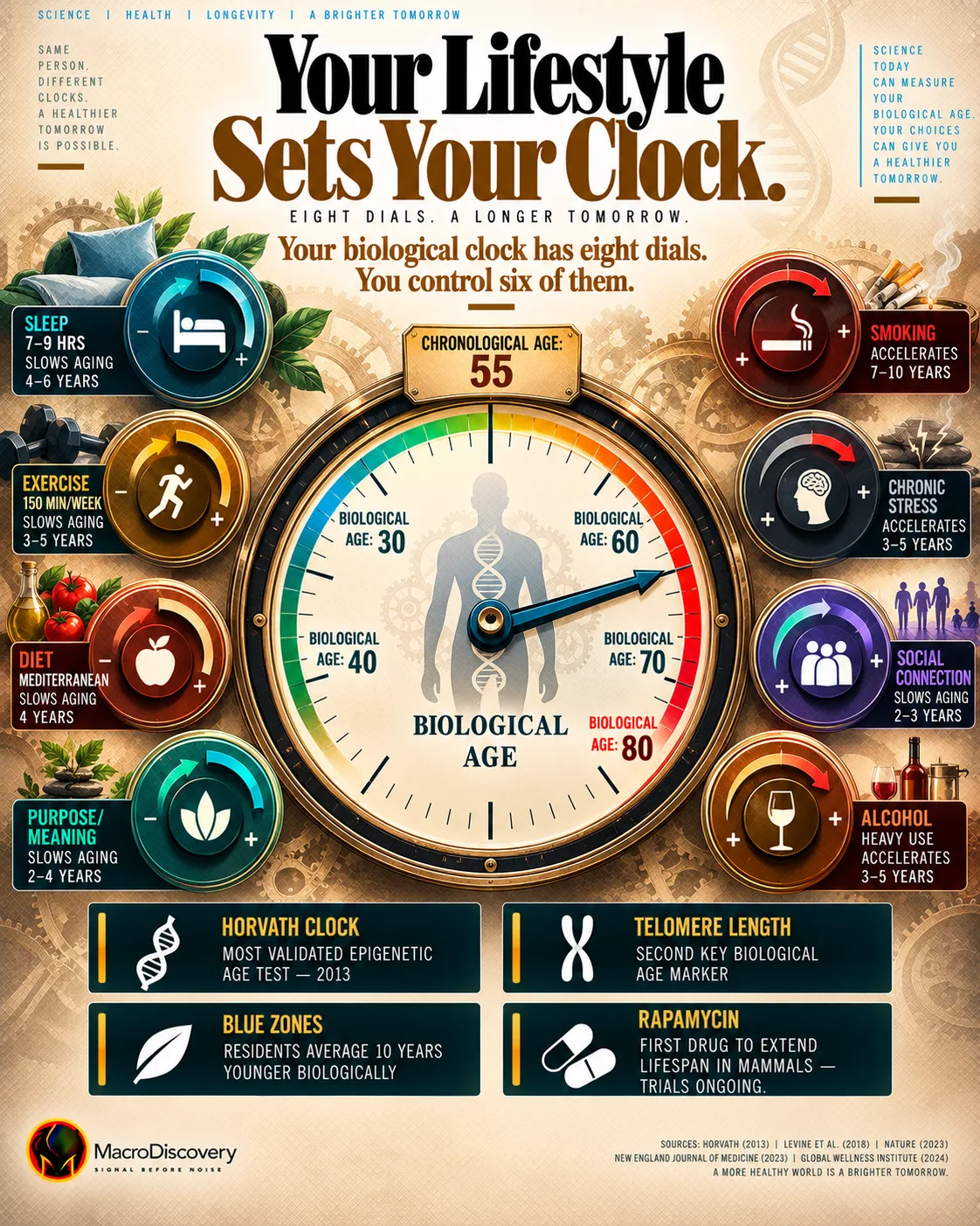 A flat-vector biological clock face with a central teal age hand is surrounded by eight lifestyle control dials — sleep, exercise, diet, smoking, stress, social connection, alcohol, and purpose — each dial arrow pointing clockwise to accelerate aging or anticlockwise to slow it, with measured year effects in DM Mono and four insight cards on the Horvath epigenetic clock, telomere length, Blue Zone residents, and rapamycin trials — illustrating how lifestyle controls the speed of biological aging. Science of Human Aging.