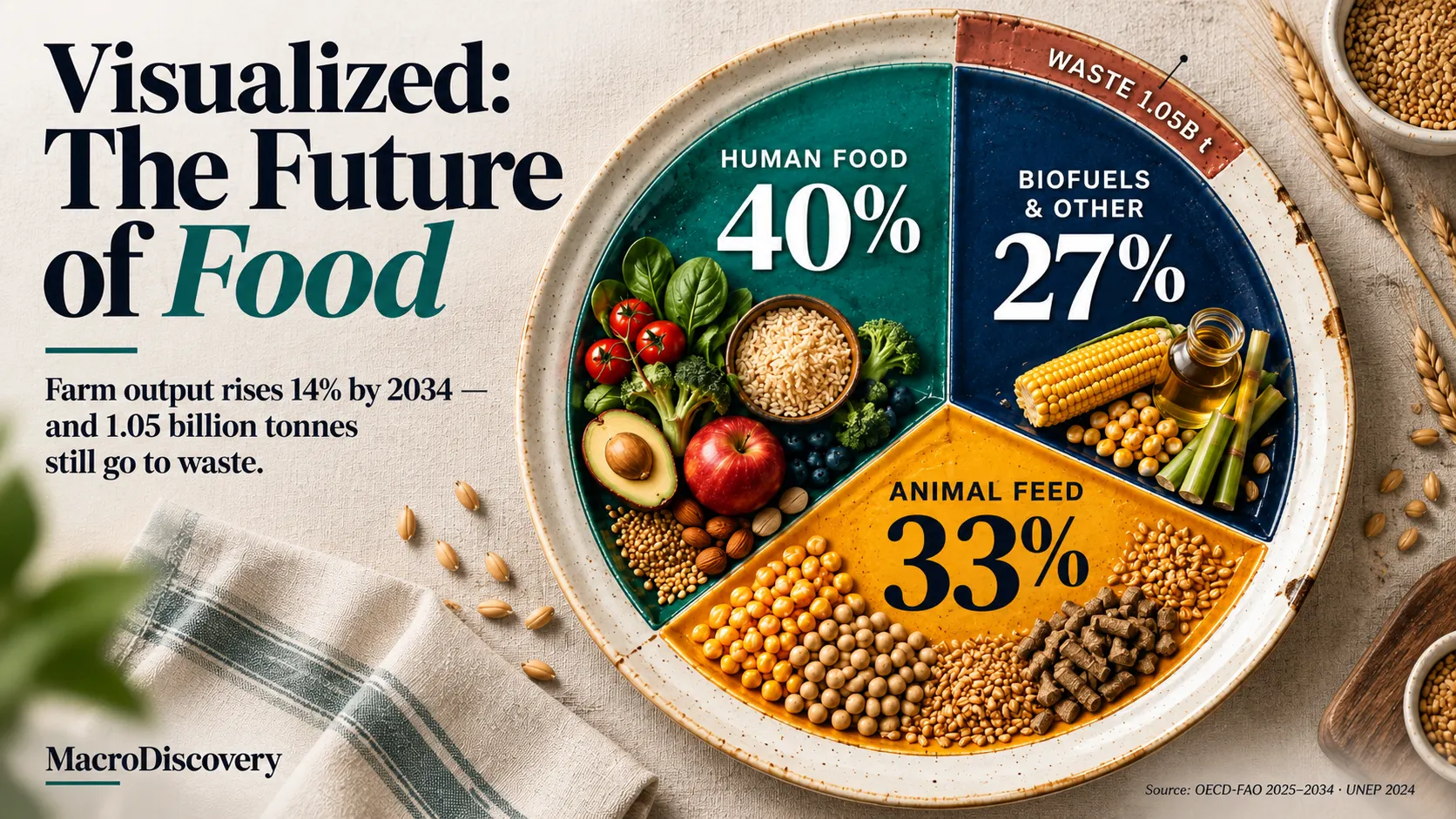 Ceramic plate divided into 40% human food, 33% animal feed and 27% biofuels and other uses, showing where cereals go by 2034. Visualized the-future of food hero.