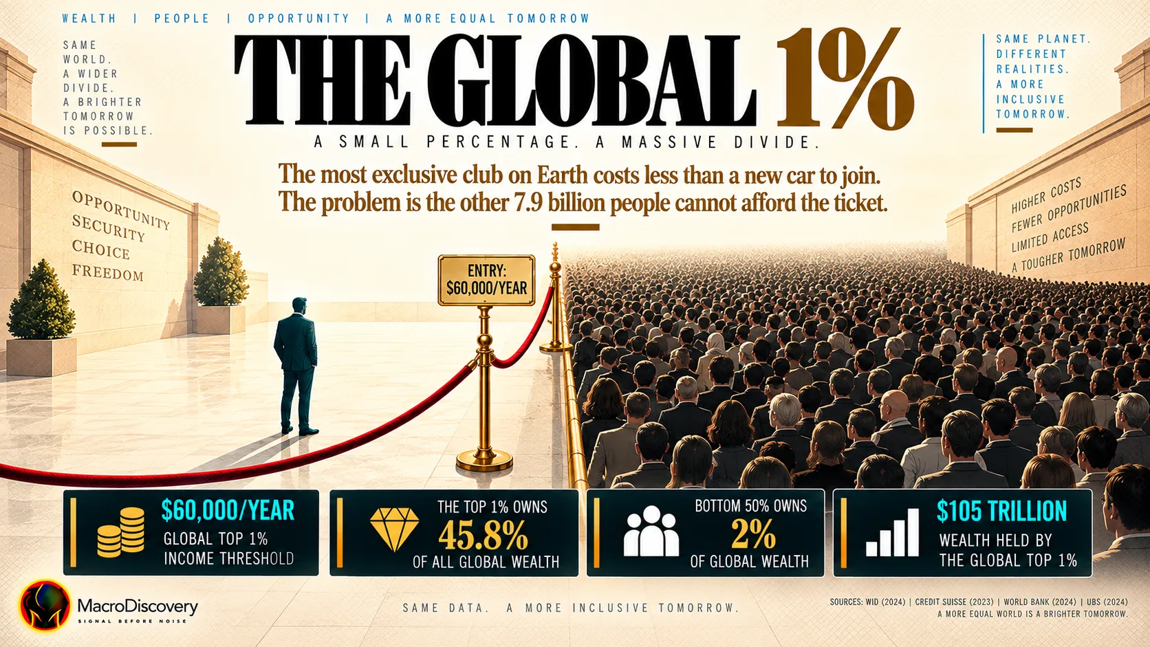 A flat-vector velvet rope divides 99 tightly packed charcoal silhouettes from a single teal silhouette standing alone in a vast open space, with a gold placard reading $60,000 per year as the entry threshold and four stat callouts showing the top 1% owns 45.8% of global wealth, the bottom 50% owns 2%, and $105 trillion held by the richest 1% — illustrating the staggering income and wealth divide of the global top 1% income.
