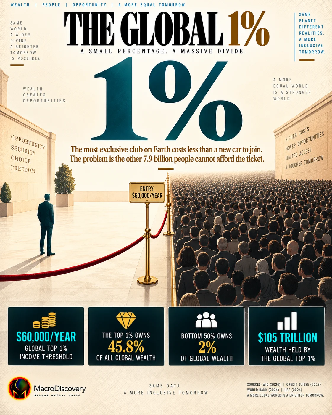 A flat-vector velvet rope divides 99 tightly packed charcoal silhouettes from a single teal silhouette standing alone in a vast open space, with a gold placard reading $60,000 per year as the entry threshold and four stat callouts showing the top 1% owns 45.8% of global wealth, the bottom 50% owns 2%, and $105 trillion held by the richest 1% — illustrating the staggering income and wealth divide of the global top 1%. World's Richest 1%.