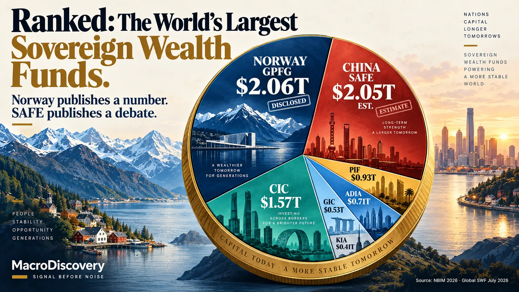 Gold coin divided into sovereign wealth fund wedges, Norway GPFG largest disclosed slice, China’s SAFE marked as estimate. largest sovereign wealth funds.