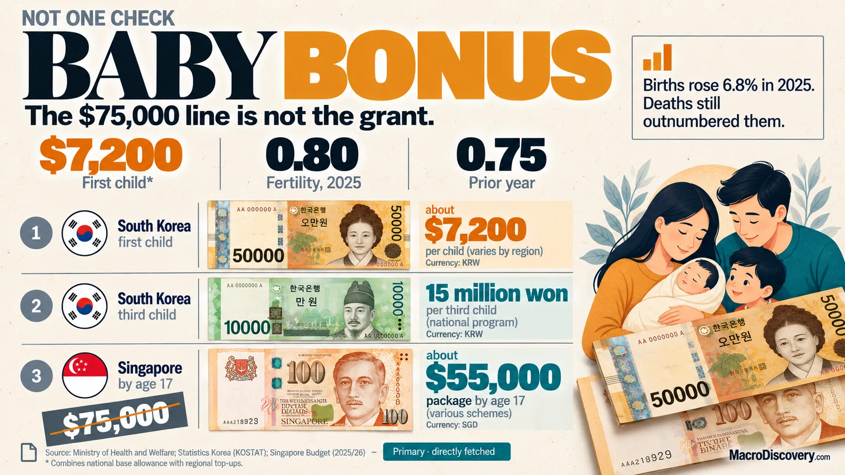 A poster of birth grants as banknotes. South Korea’s first-child grant is the amber figure at about $7,200. A crossed label reads $75,000. The fertility rate is 0.80. Countries Where the Government Pays You to Have Children