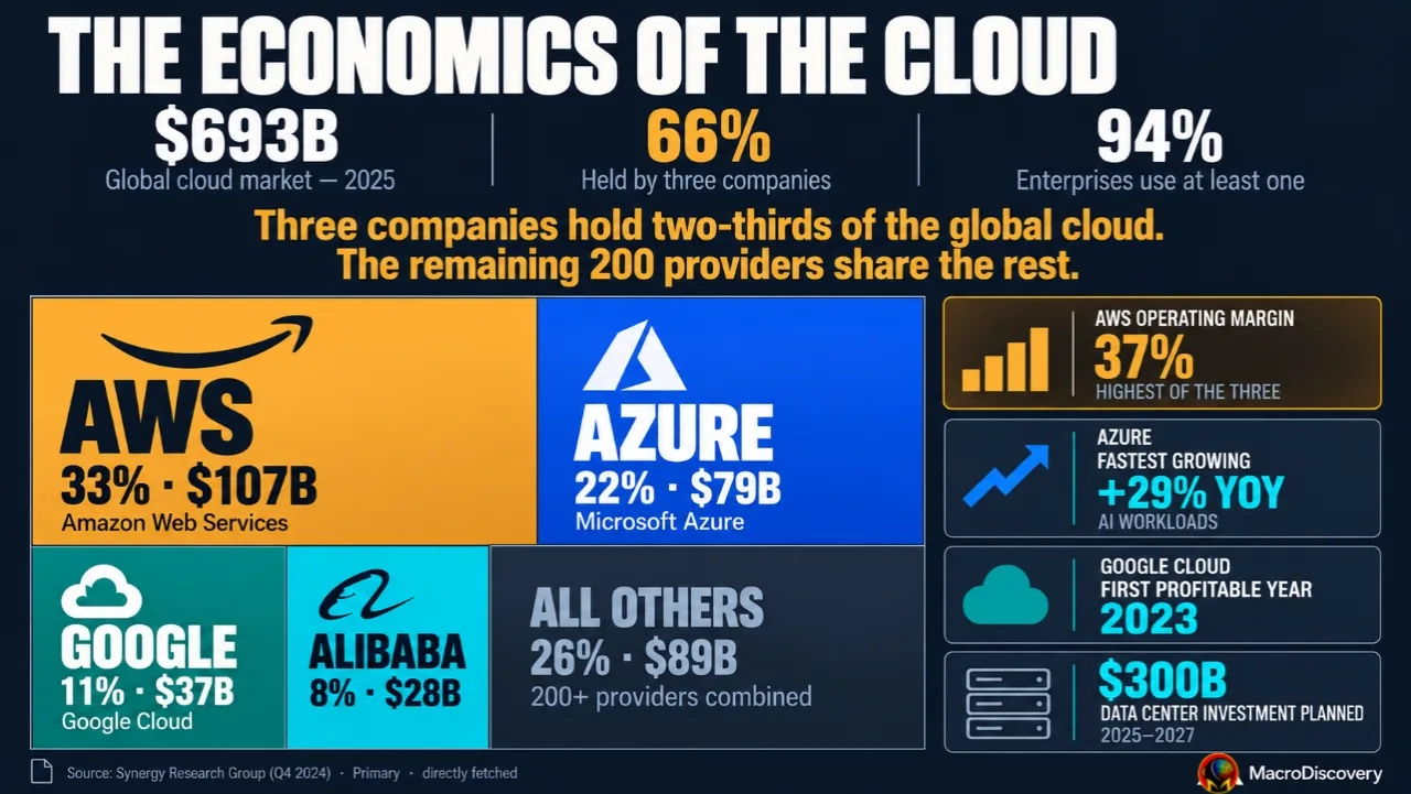 A dark-mode flat-vector treemap on deep ink shows five proportional cloud market blocks — the amber AWS block glowing at 33% with a monochrome AWS logo, electric blue Azure at 22% with a monochrome Azure logo, teal Google Cloud at 11% with a monochrome Google logo, cyan Alibaba at 8%, and dark slate all-others at 26% — with a server rack micro-illustration, primary source icon, and four dark data cards showing AWS's 37% margin, Azure's 29% growth, Google's first profitable year, and $300 billion in data center investment.